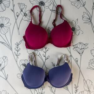 Victoria's Secret 36D Set of 2 Red Win & Blue T-Shirt Push Up Full Coverage Bras